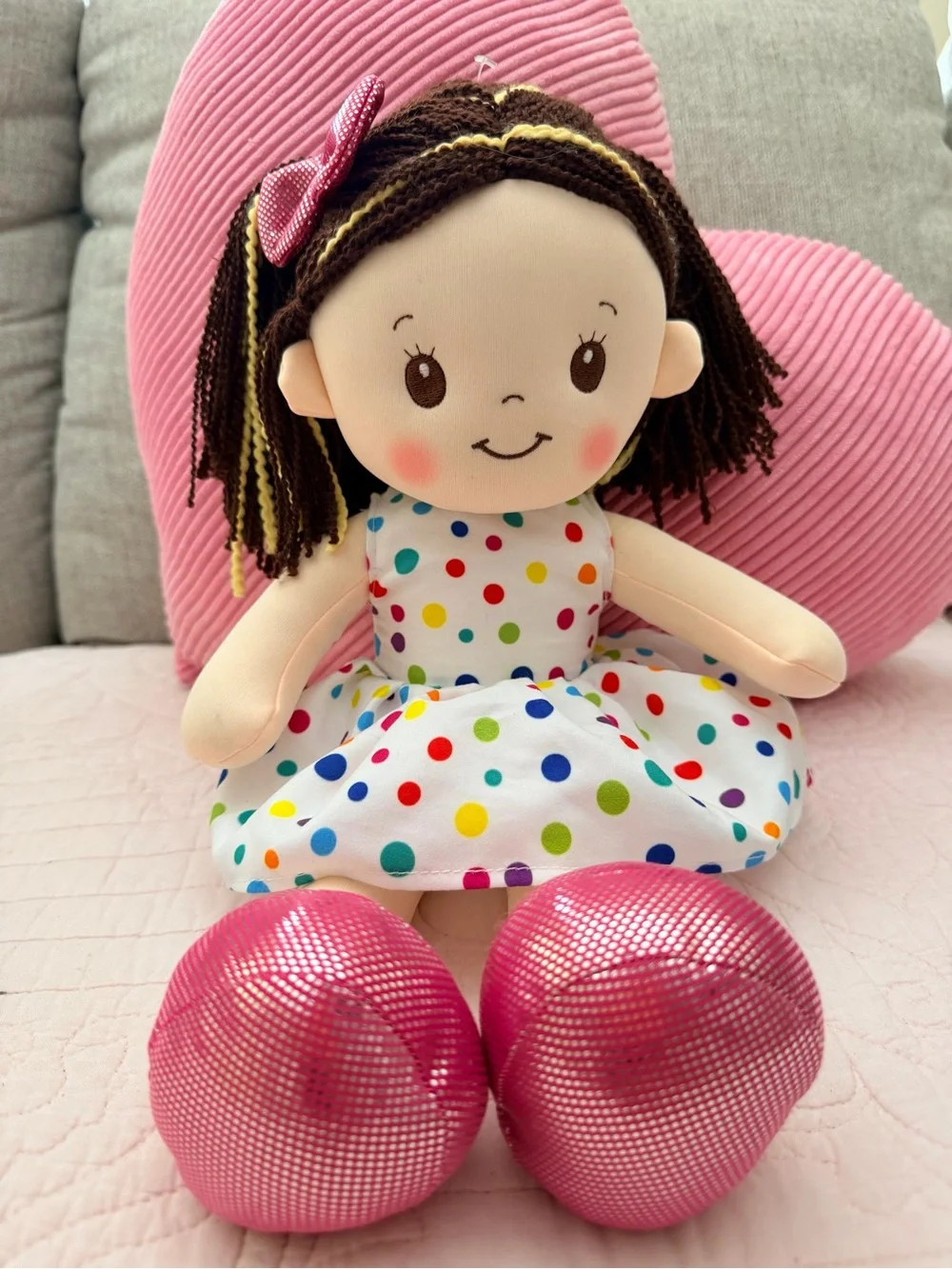 Plush Polka Dot Girl Doll - Pink Bow and Shoes
